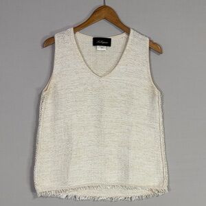 Les Copains Made in Italy Cream Frayed Hem V Neck Top